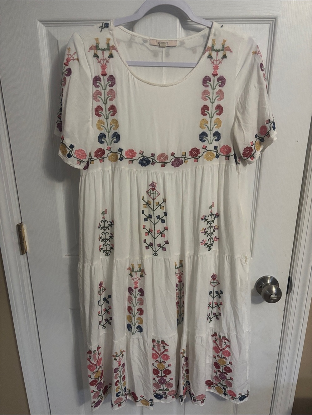 Antoinette Embroidered Cream Midi Dress with Multicolor Floral Details